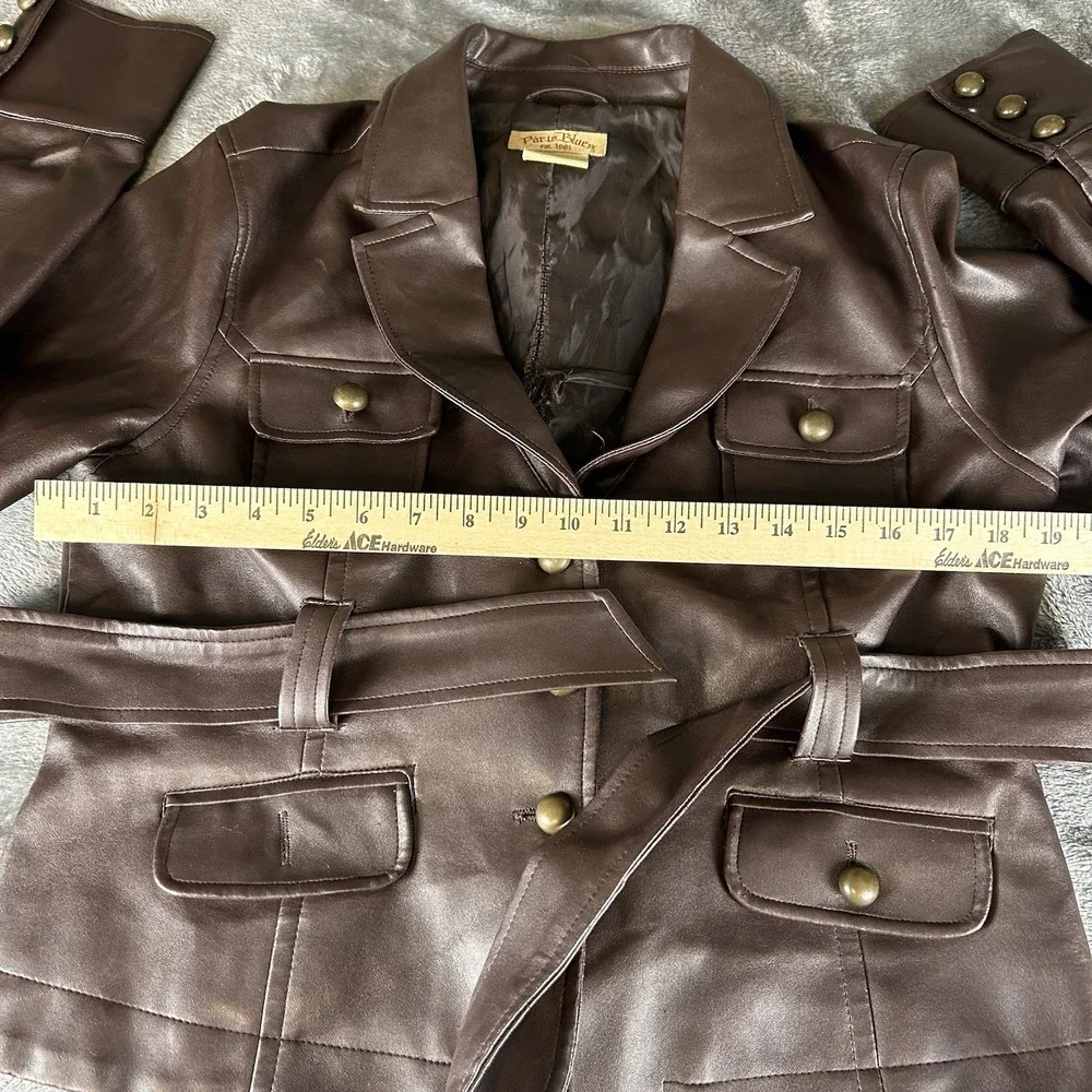 Paris Blues Vintage Faux Leather Jacket Womens Medium Brown Belted Pockets Retro